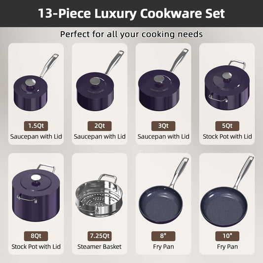 Nuwave Lux 13-Piece Lightweight Ceramic Nonstick Cookware Set, PFAS-Free, G10 Duralon Coating, Stay-Cool Handles, All Cooktops & Induction Ready