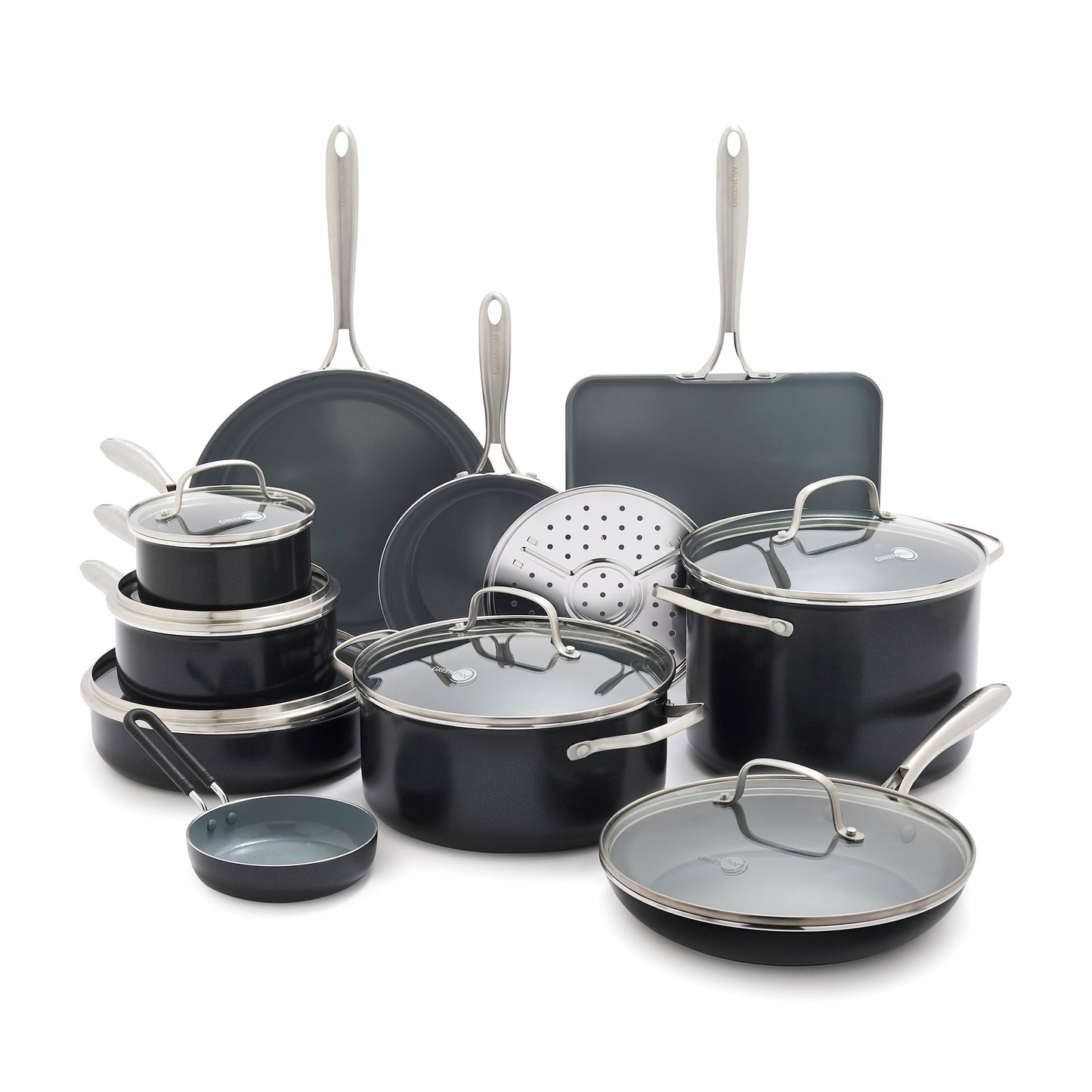 GreenPan 17-Piece Ceramic Nonstick Cookware Set, PFAS-Free, Pots & Pans with Lids, Dishwasher & Oven Safe 600°F, Gray