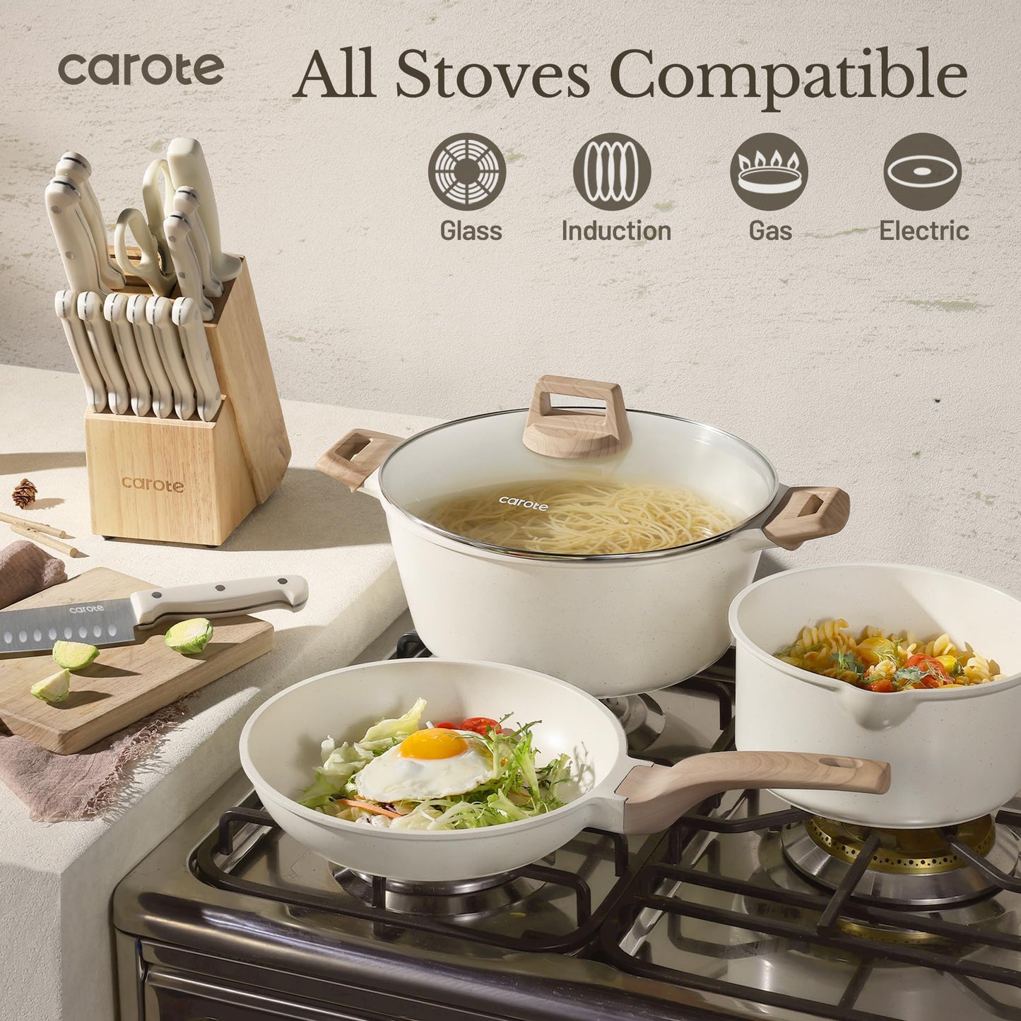 CAROTE ICE 35-Piece Nonstick Cookware Set, White Granite, Induction Compatible, Pots & Pans with Kitchen Knife Set