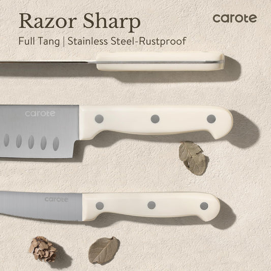 CAROTE ICE 35-Piece Nonstick Cookware Set, White Granite, Induction Compatible, Pots & Pans with Kitchen Knife Set