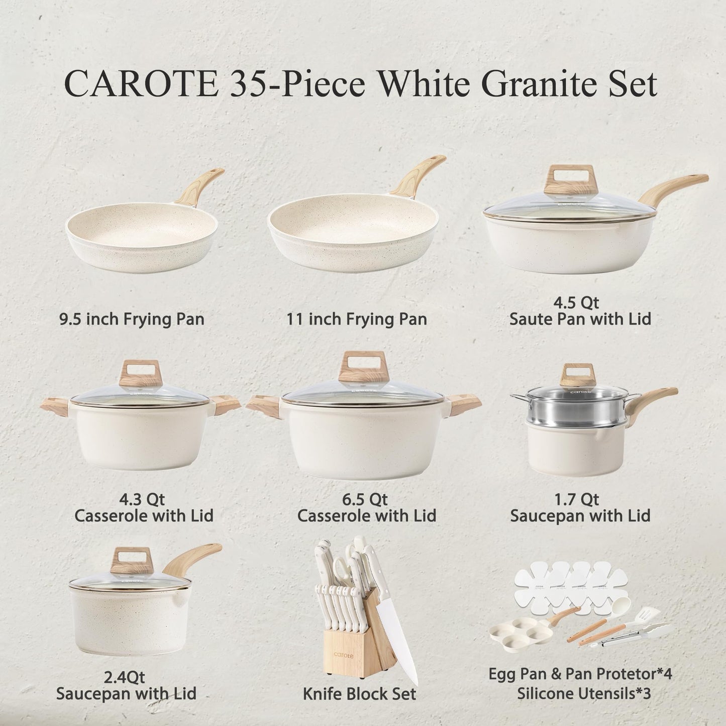CAROTE ICE 35-Piece Nonstick Cookware Set, White Granite, Induction Compatible, Pots & Pans with Kitchen Knife Set